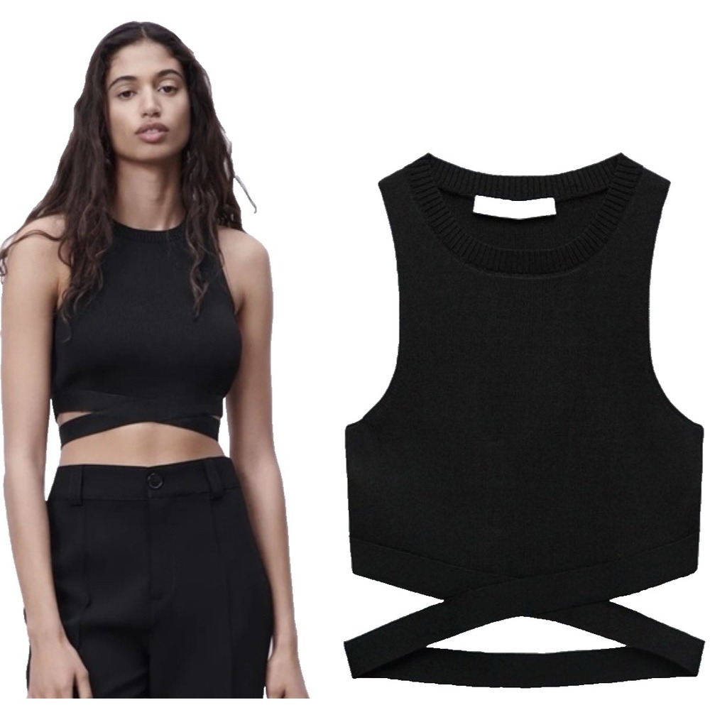 New ZARA Knit Cut Out Cropped Top Shirt Black Womens S Grunge Y2K Whimsigoth‎